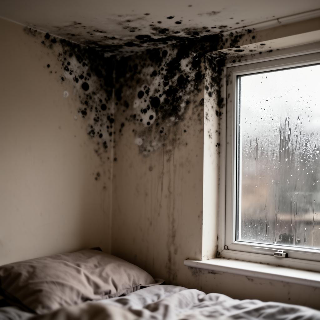 Damp and black mould spreading on a bedroom wall and condensation on the window